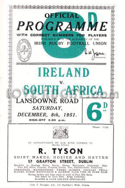1951 Ireland v South Africa  Rugby Programme
